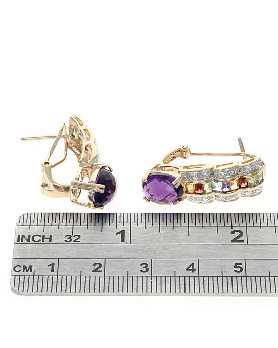 Checkerboard Amethyst and Multi Stone Elongated Earrings